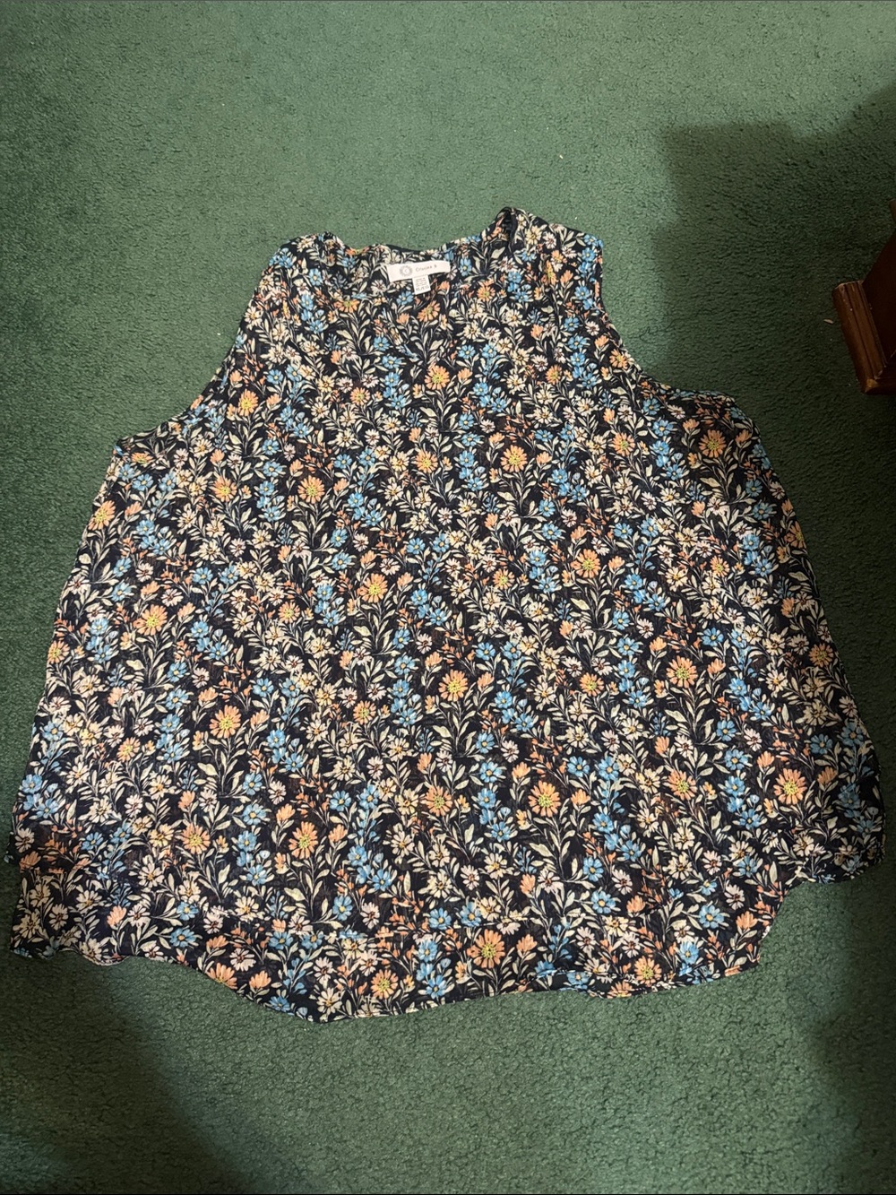 Sleeveless Floral blouse  in black with Peach & Light Blue Flowers